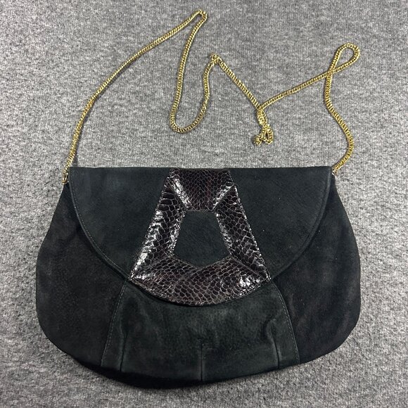 VINTAGE Ruth Saltz Handbag - Black Suede Snake Skin - Gold Chain Strap - Picture 1 of 8